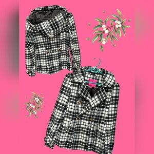 Pink Envelope Black/White Plaid Hooded Double-Breasted Wool-blend Jacket Pckt SM